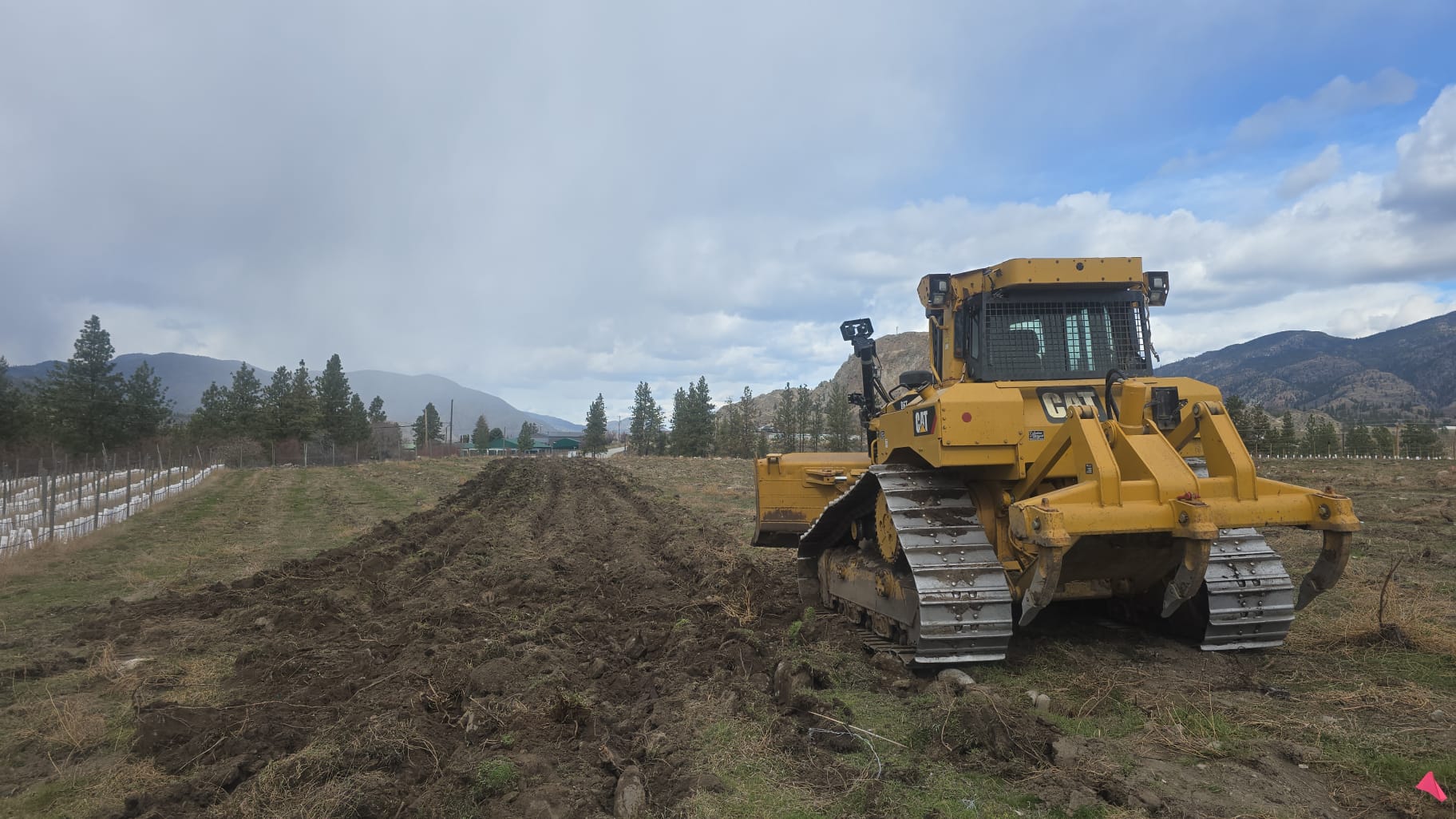 CAT dozer preparing agricultural land for vineyard in South Okanagan BC